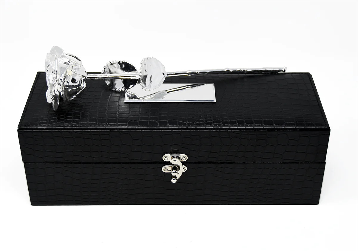 New custom engraved box - silver dipped rose 11.5" - luxe noir gift box