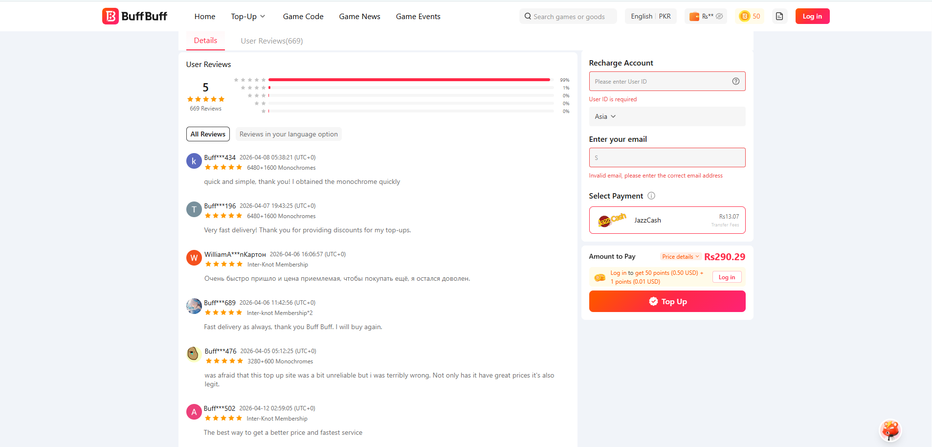 Real user reviews and positive feedback from Zenless Zone Zero players on BuffBuff ZZZ top-up delivery speed and service reliability