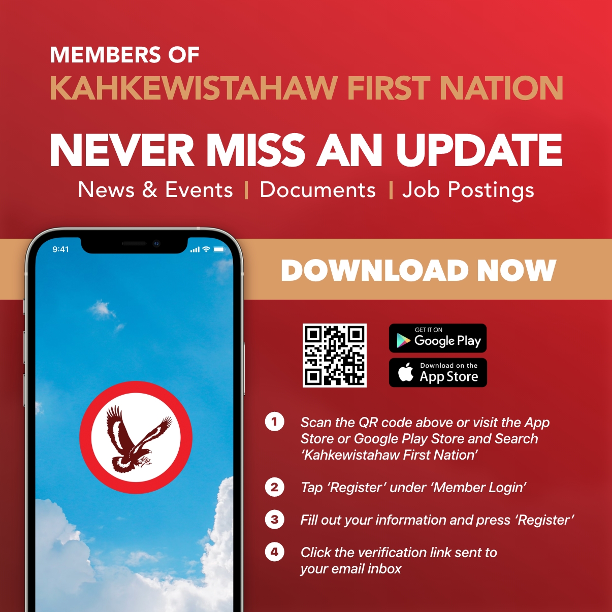 The Official Kahkewistahaw First Nation App displayed on an iPhone. Scannable QR code included.