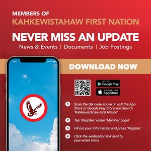 The Official Kahkewistahaw First Nation App displayed on an iPhone. Scannable QR code included.