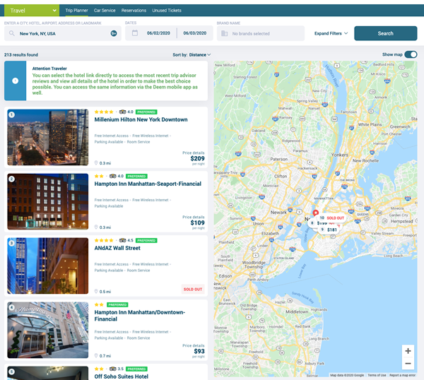 Deem's Hotel Booking Enhancement will offer greater hotel detail, including more accurate controls and filtering as well as multiple ways to view hotel options, in its user-friendly online booking software for business travel. Deem's List View, shown here, provides an upgraded user interface to easily find hotel pricing, amenities, Trip Advisor reviews and more.