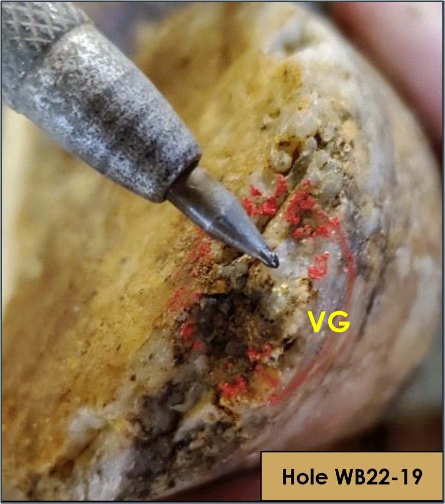 Figure 2: Visible gold (“VG”) identified in hole WB22-19