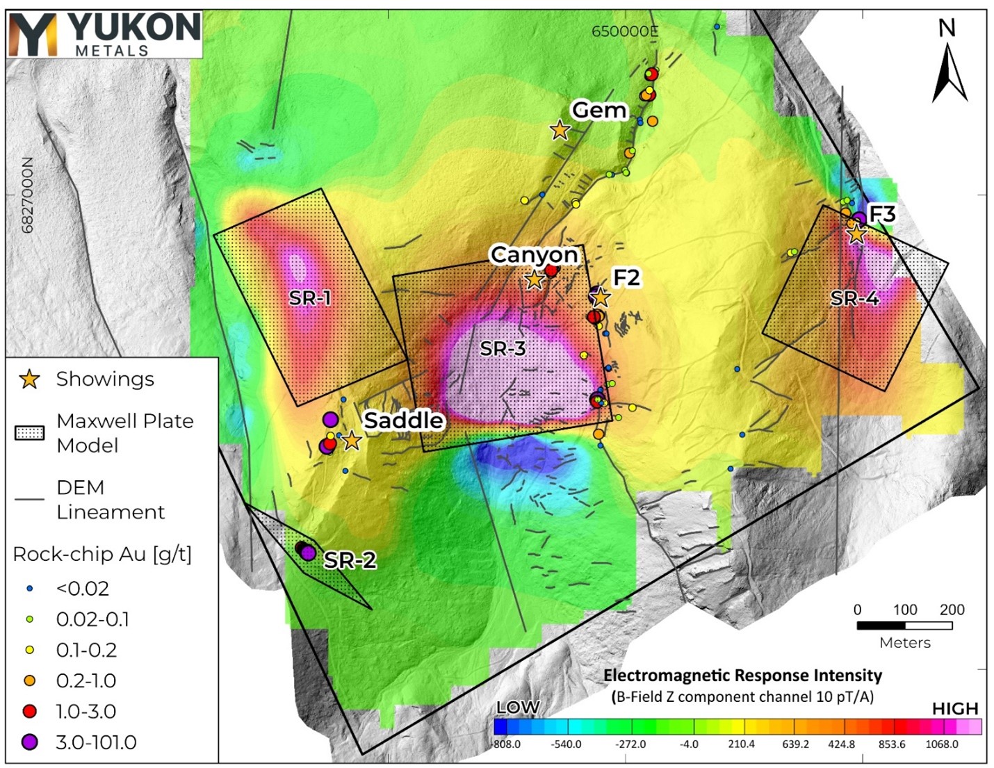 Map of vertical EM response (B-field Z-component) with overlaid target plates, DEM lineaments, and Au g/t in prospecting samples