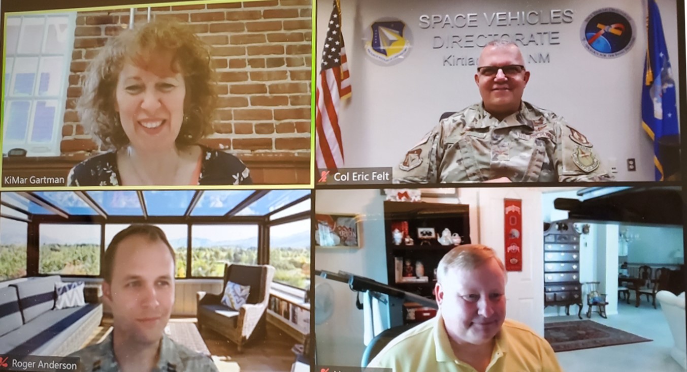 Guest speakers (from left top) KiMar Gartman, Col Eric J. Felt, Capt Roger Anderson, and Brett Scharinghausen visited with attendees during the virtual Tech Collision.