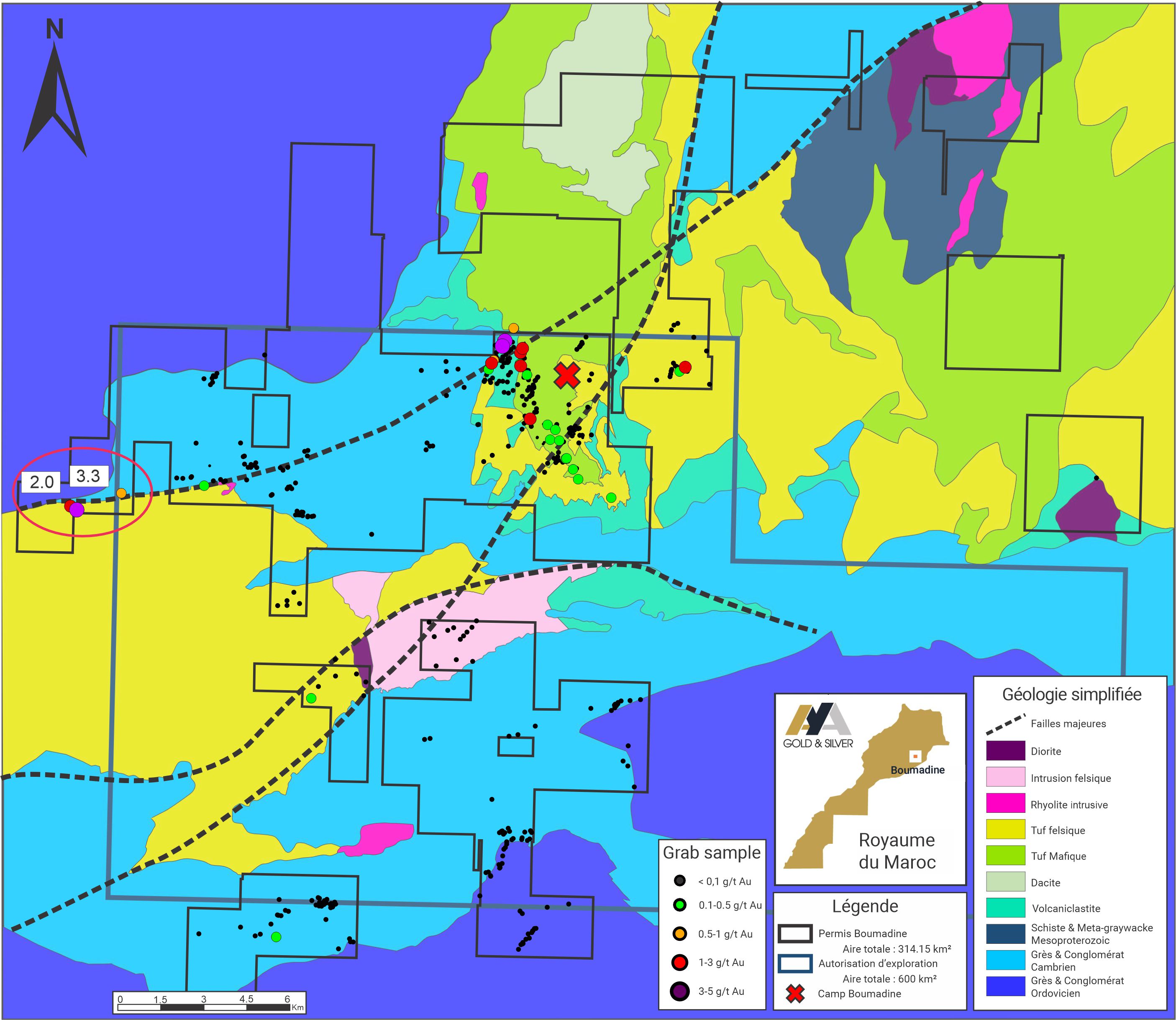 Carte de surface de la propriété Boumadine montrant la géologie simplifiée et les résultats des échantillons choisis d’Au