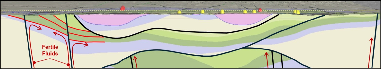 Cross section illustrating interpreted deep crustal plumbing and laterally extensive reduced stratigraphic horizons. Newly identified copper occurrenc