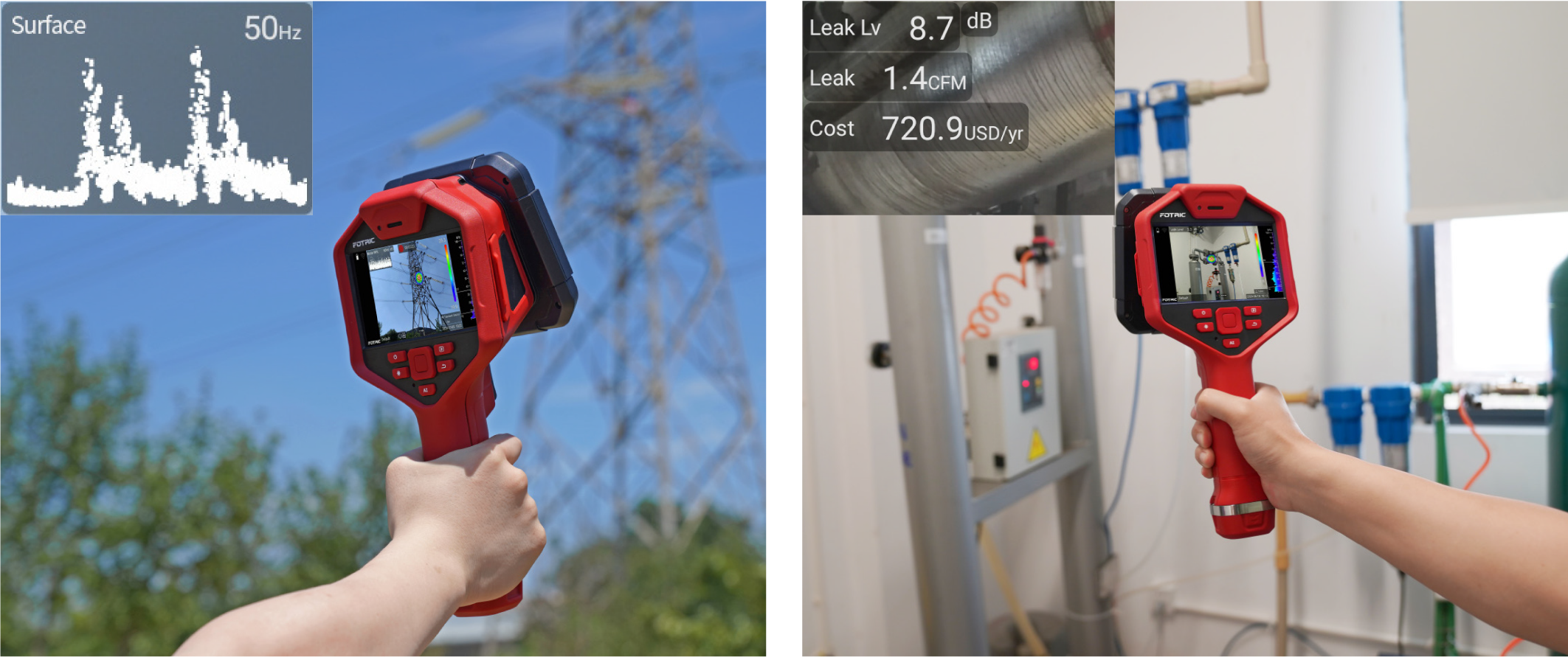 FOTRIC H7 Acoustic Camera performing AI partial discharge detection and smart leakage evaluation in industrial equipment.