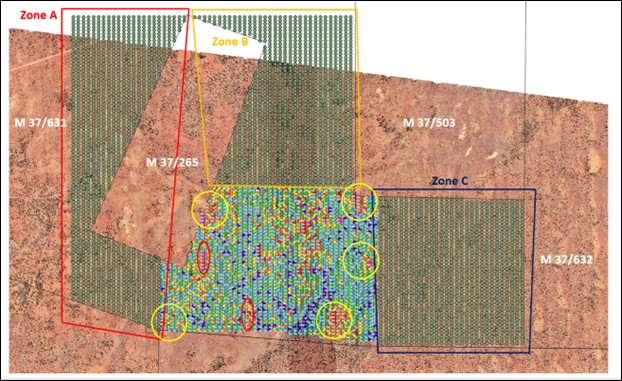 The three Zones (A, B and C) of the Phase 2 Soil Sampling Programme with Au (ppb) anomalies from the Phase 1 programme.