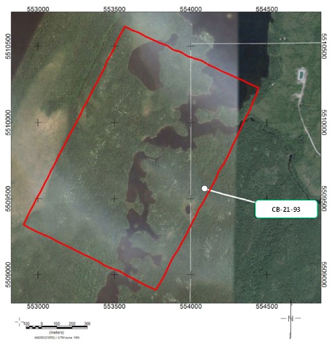 L'image 2 ci-dessous montre la boucle du levé EM en forage sur le sondage CB-21-93 (le contour rouge illustre la boucle EM et la ligne blanche l'emplacement du sondage CB-21-93).