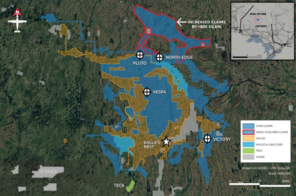 Juno claim holdings and discovery locations in the Ring of Fire