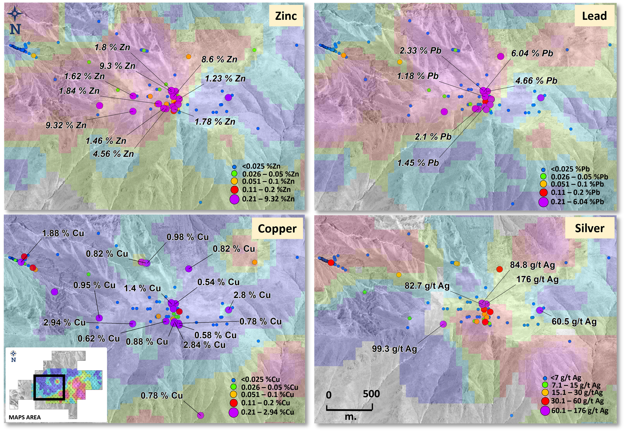 Rock sampling results in the vicinity of the Blanco skarn zone.  Anomalous elements are typical of skarn mineralized zones, including zinc, lead, copper and silver shown.  Samples greater than 1% zinc, 1% lead, 0.5% copper, and 50 g/t silver are individually labelled.