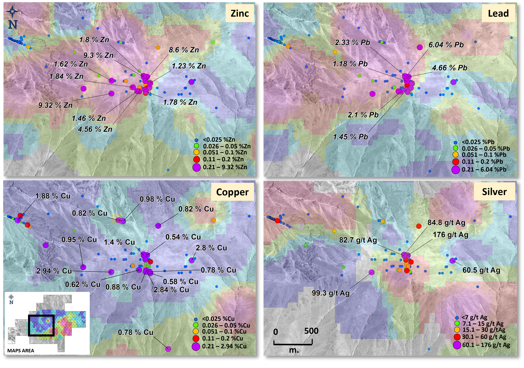 Rock sampling results in the vicinity of the Blanco skarn zone.  Anomalous elements are typical of skarn mineralized zones, including zinc, lead, copper and silver shown.  Samples greater than <percent>1%</percent> zinc, <percent>1%</percent> lead, <percent>0.5%</percent> copper, and 50 g/t silver are individually labelled.