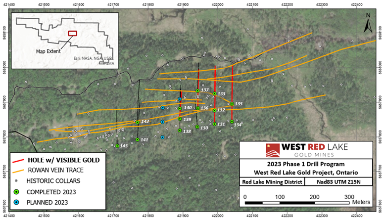 Rowan drilling completed to date. Holes with observed VG highlighted in red.