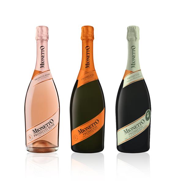 Packaging refresh of the Mionetto Prestige Line, featuring Prosecco DOC Treviso Brut, Organic Prosecco DOC, and Prosecco Rosé DOC