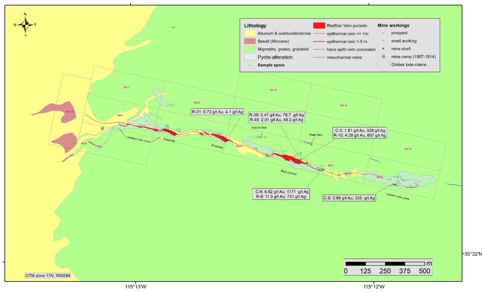 Geology, sample locations and selected assay results for the epithermal Red Star vein system. The vein system is protected by 14 contiguous unpatented mining claims.