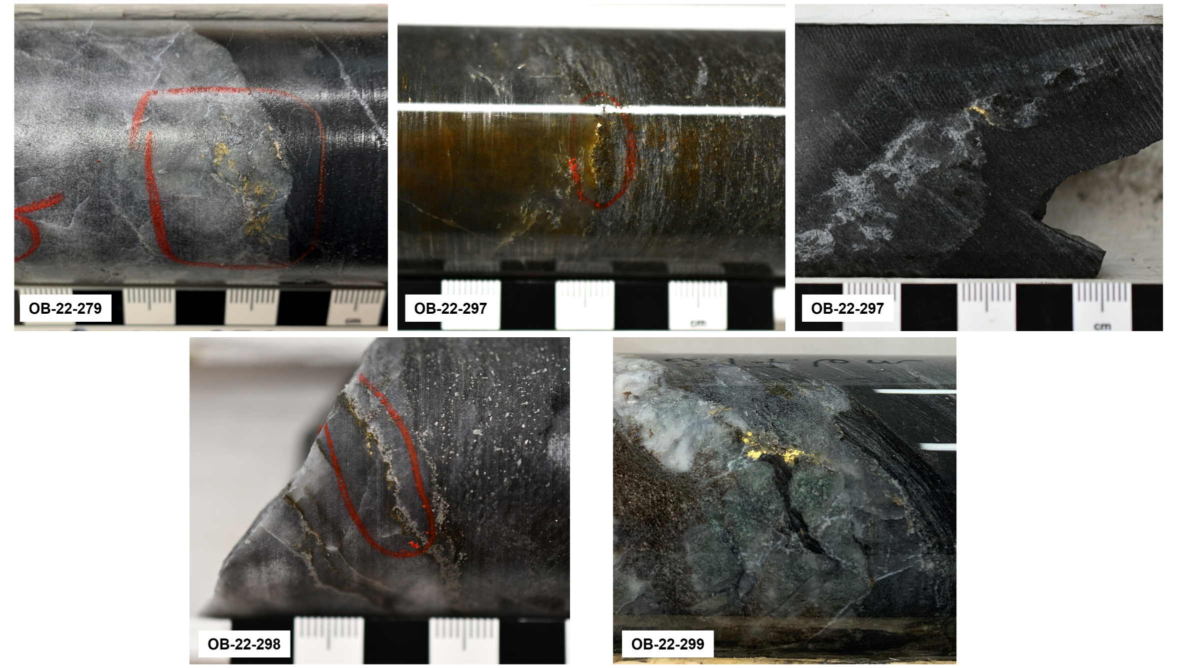 Visible Gold in holes OB-21-279, OB-22-297, OB-22-298 and OB-22-299