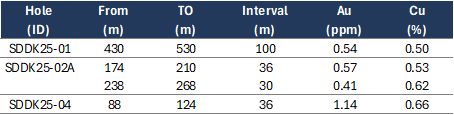 Partial intercept results from the 2025 drilling program.