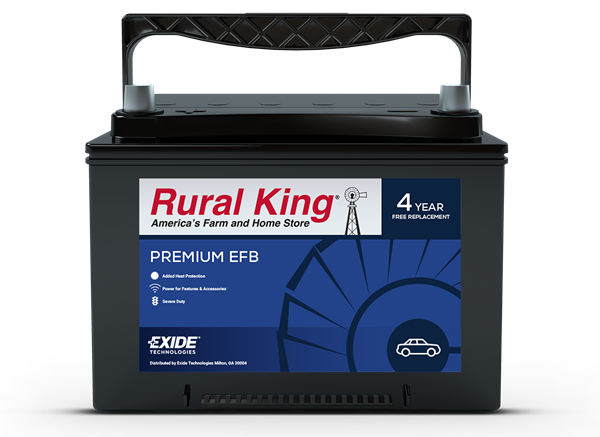 Exide Enhanced Flooded Batteries (EFB) automotive batteries are now available at Rural King locations across the country under the Rural King Premium EFB brand name