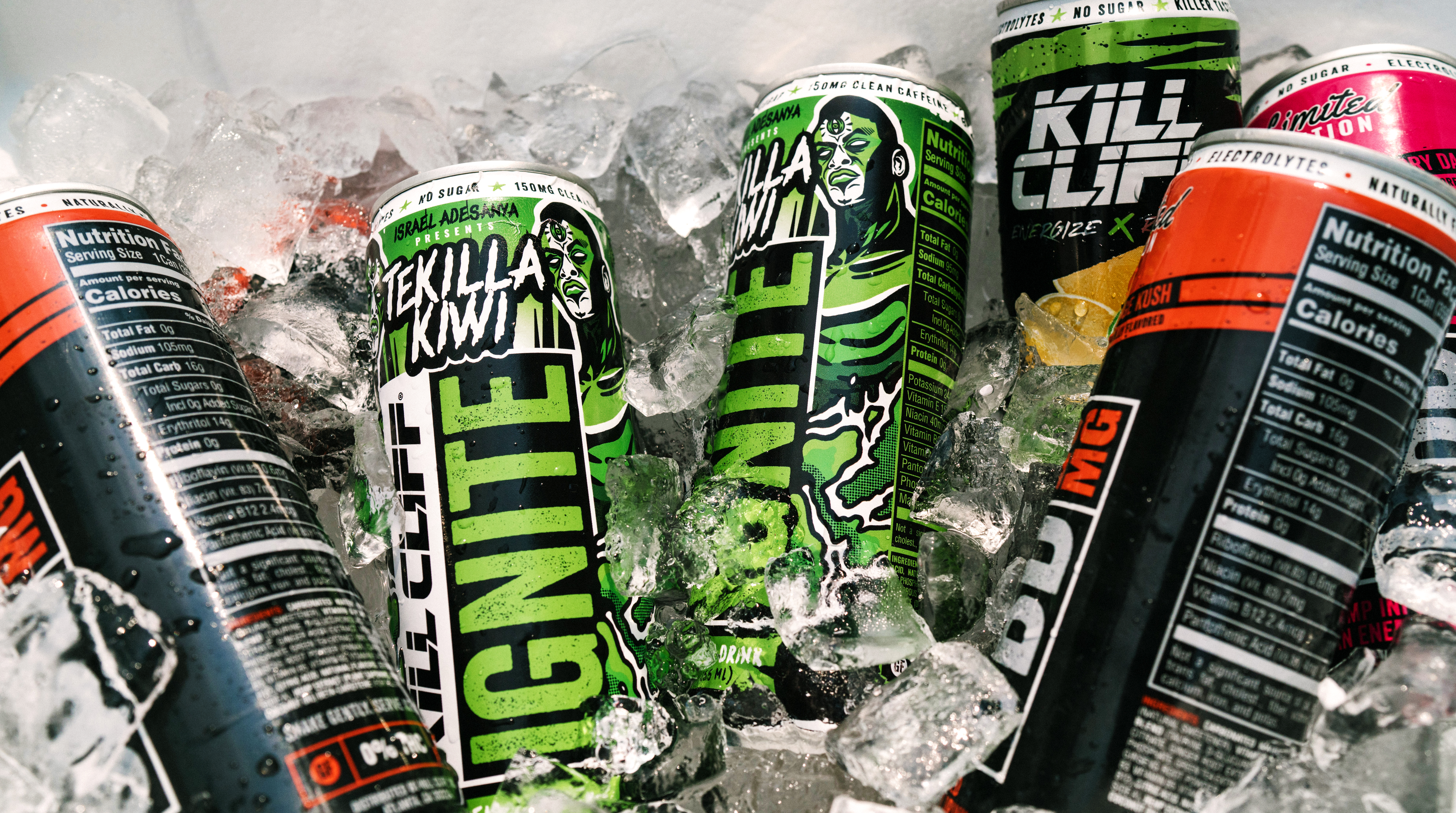 Cans of beverages in a cooler, Kill Cliff Tekilla Kiwi flavor