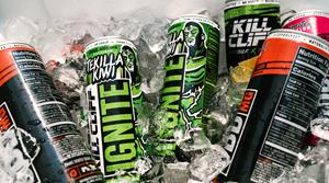 Cans of beverages in a cooler, Kill Cliff Tekilla Kiwi flavor
