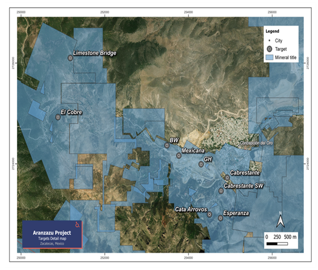 Aranzazu detailed map showing all the near mine exploration targets.