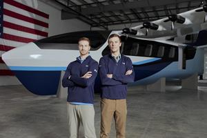 REGENT co-founders Billy Thalheimer and Mike Klinker unveil the full-scale mockup of their all-electric seaglider that will transport people and goods between coastal communities.