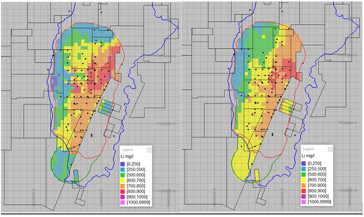 Lithium grades (mg/L) at 100 m (left) and 250 m below surface (right)