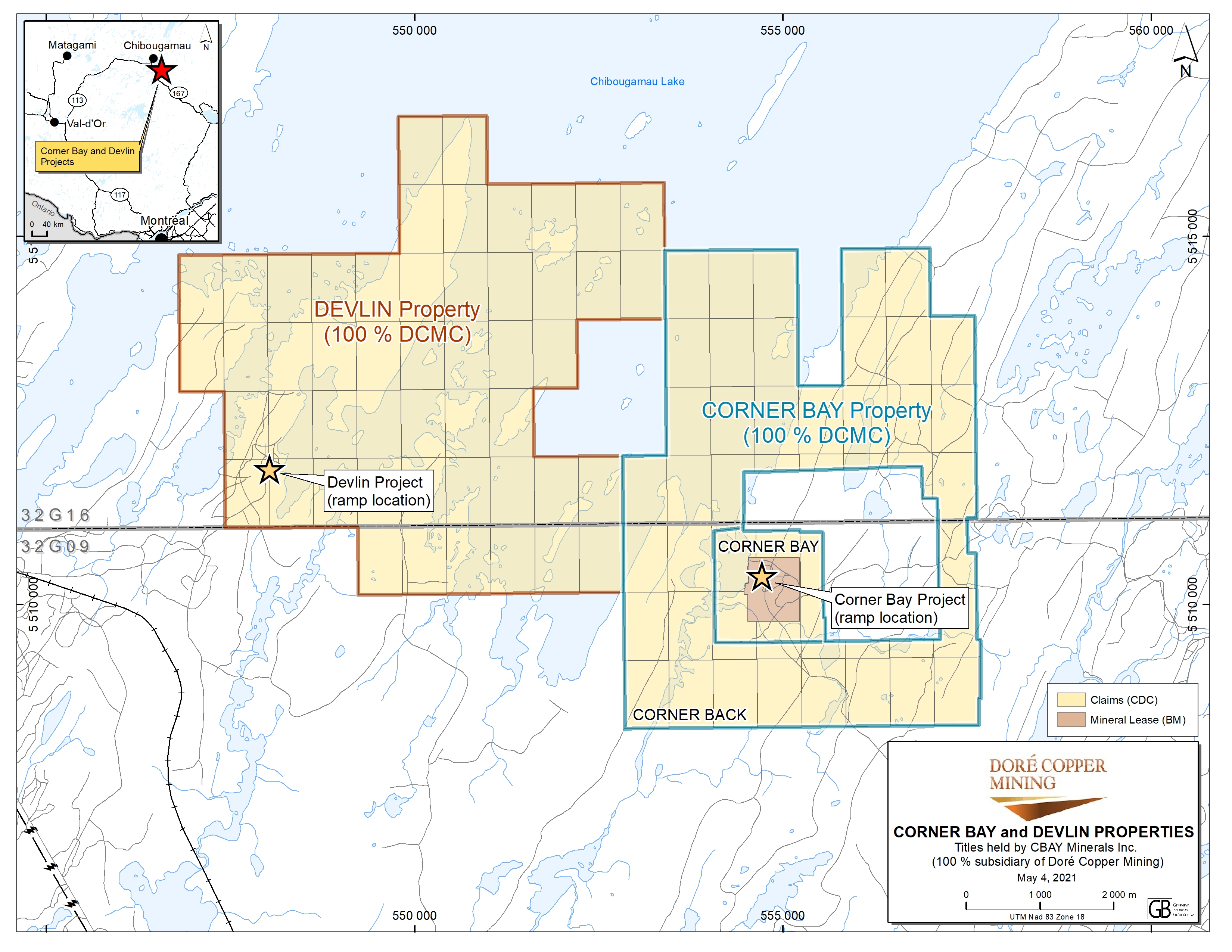 Figure 1. Localisation de la propriété Cornerback par rapport aux projets Corner Bay et Devlin