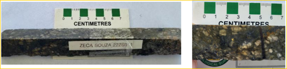 Sample of drill core submitted for petrographic analysis from 22ZS0111 showing visible gold in altered and brecciated possible granodiorite. Visible gold (electrum) is noted in the right hand image.