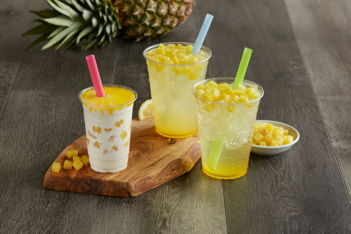 Double Pineapple Drinks: Get Sprite®, Minute Maid Zero Sugar Lemonade, or a creamy Mini Shake mixed with a burst of sweet pineapple flavoring and loaded with real diced pineapple pieces.
