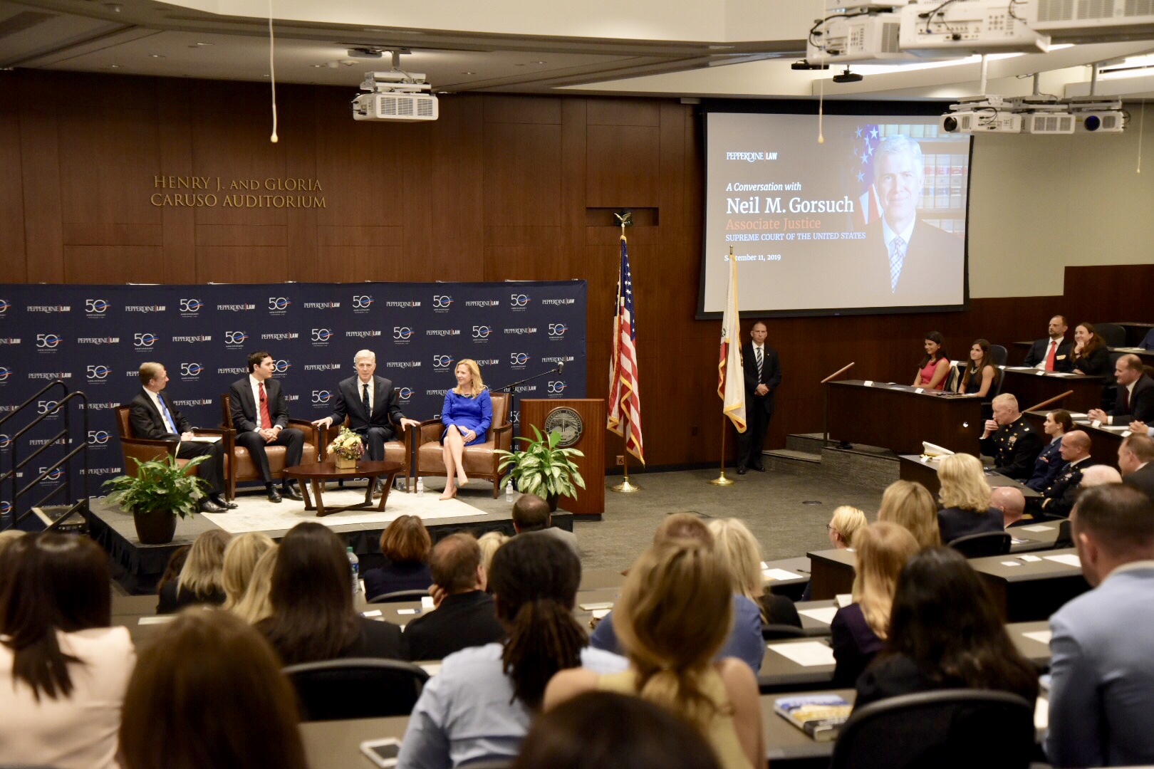 Dean Paul Caron of Pepperdine Law, David Feder, Associate Justice Neil Gorsuch, and Tobi Young discuss A Republic, if You Can Keep It in Caruso Auditorium