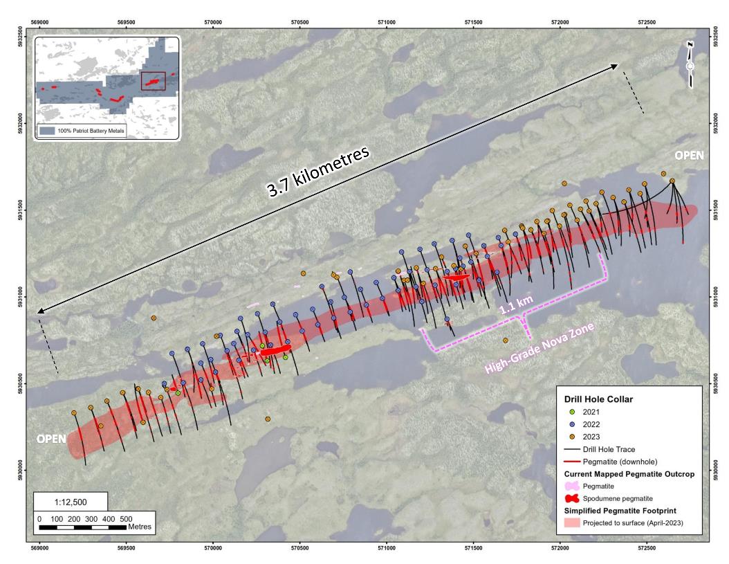 Figure 1: Drill holes completed at the CV5 Pegmatite through the 2023 winter drill program.