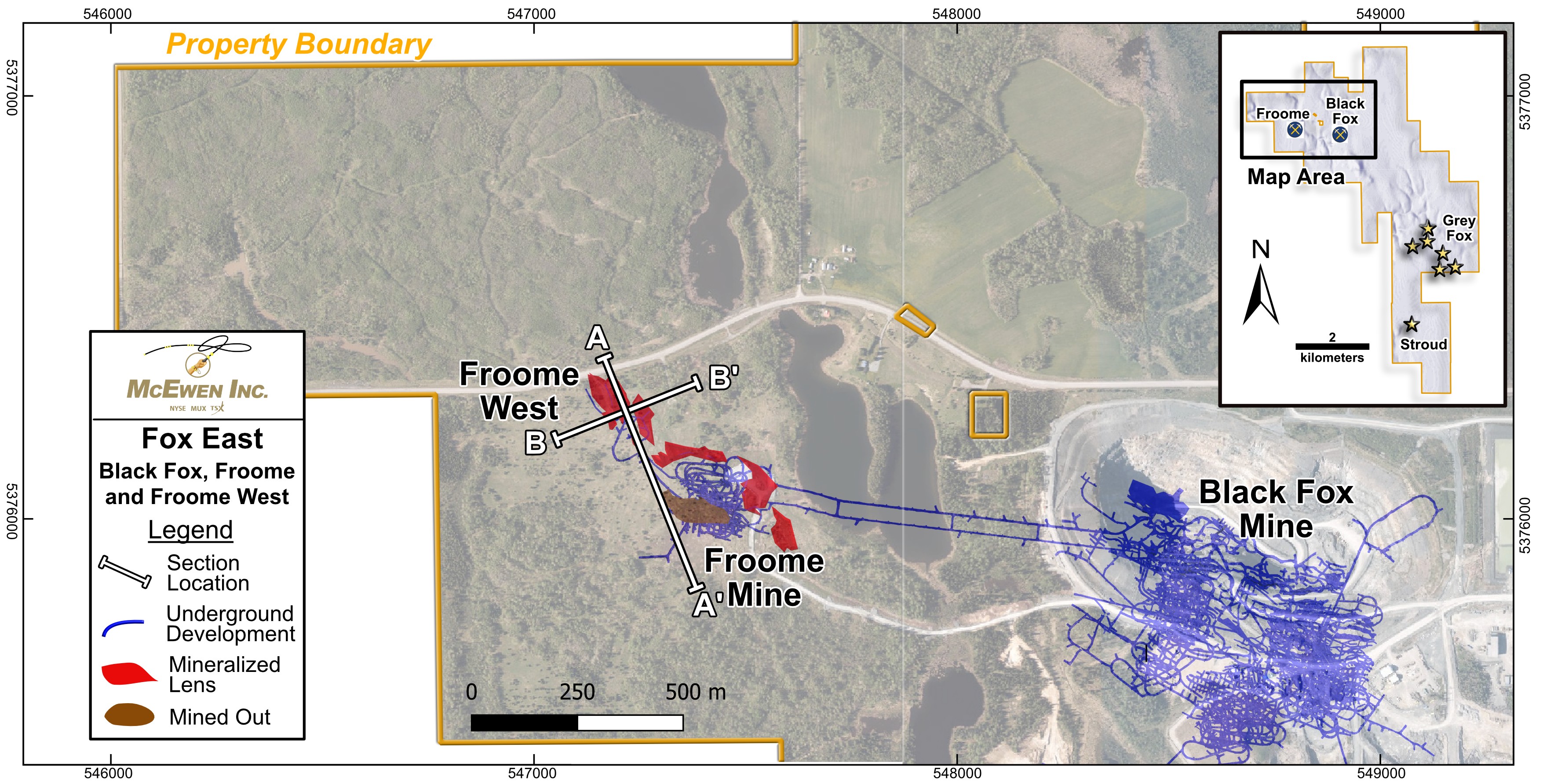 Figure 1. Aerial View of the Locations of Froome West, Froome Mine and Historical Black Fox Mine 