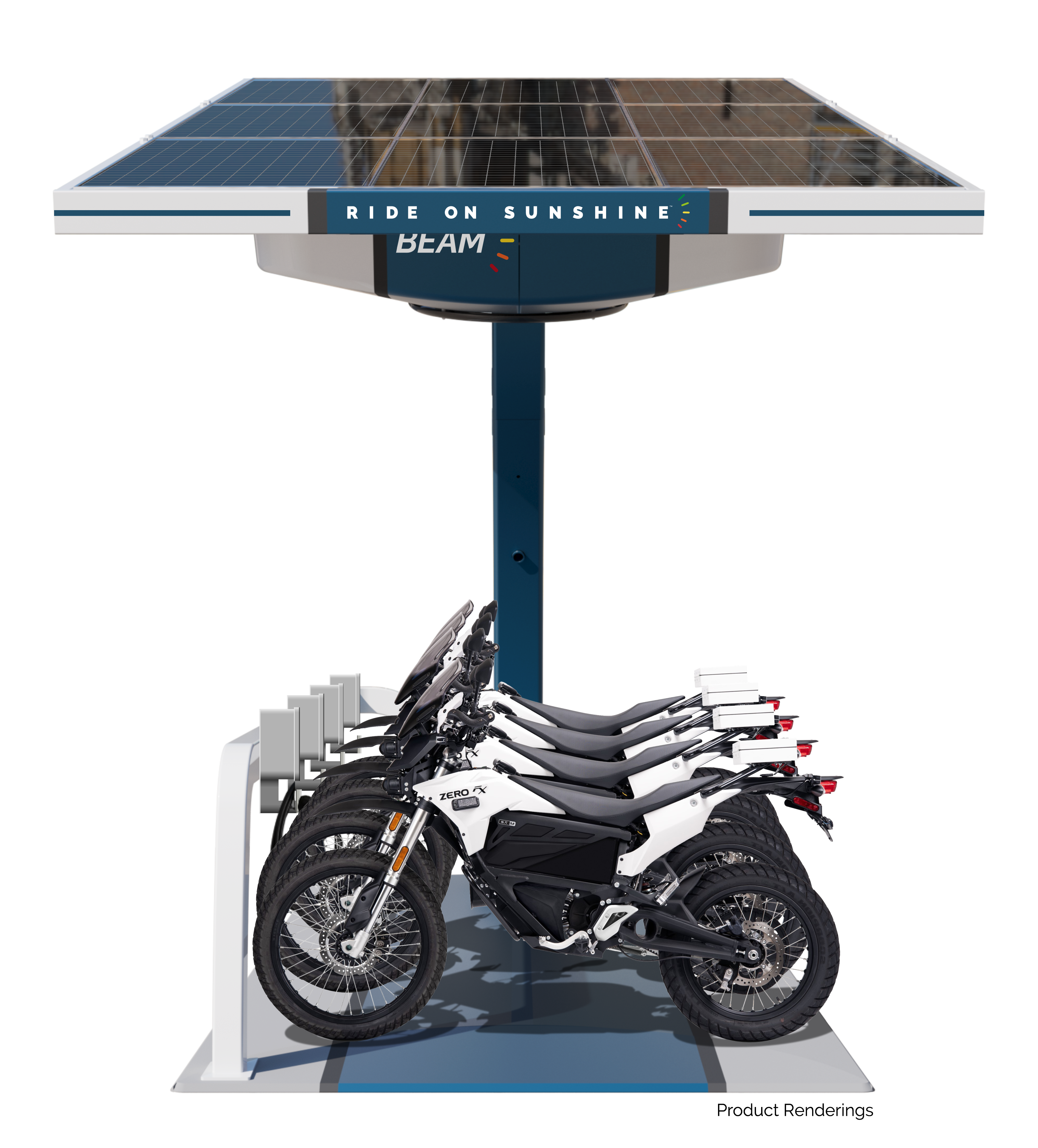 The off-grid charging station is a turnkey solution, powered by 100% renewable energy and equipped with four chargers and four electric motorcycles from Zero Motorcycles.