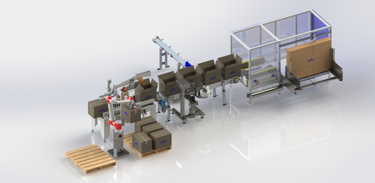 Automation for critical yet repetitive tasks such as automatic carton erection, robotic enabled printing and attaching of labels, automatic box sealing and robotic arm palletizing of boxes for bulk shipment.