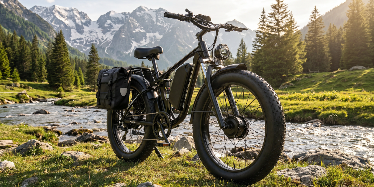 FENGQS Q8 or Q8 Plus electric mountain bike parked on a gravel forest trail in the wild.