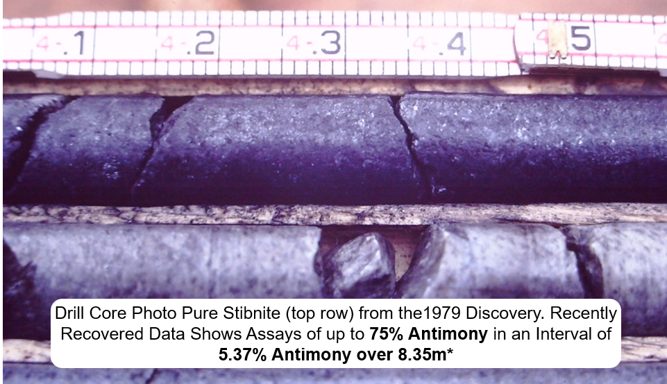 Historic drill core containing pure stibnite (antimony), Howells Lake Project.