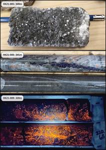 Examples of fluorapatite, fluorite and apatite in drill core from the northern part of the Hecla-Kilmer complex, and associated with REE mineralization with gold shown in Figure 5. Upper photo: open-space vein with clear, euhedral fluorapatite with intercrystalline apatite and calcite; Middle photo: purple fluorite vein cutting carbonatite dyke and related spacially to 0.5g/t gold sample; Lower photo: fluorescent fluorapatite as disseminated grains and veinlets with carbonate in sodic altered nepheline syenite host rock