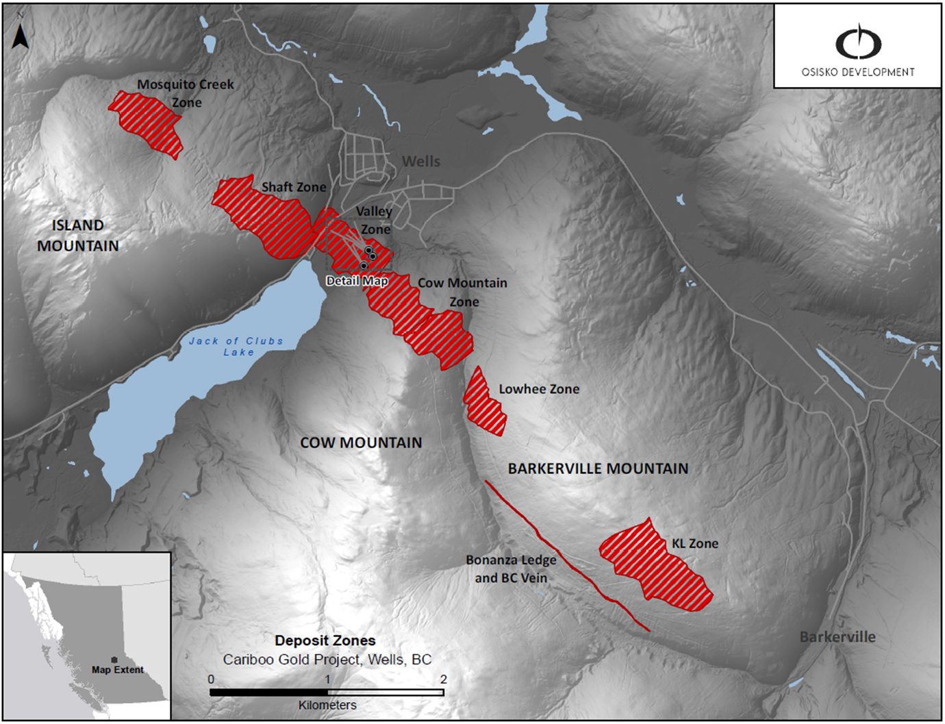 Figure 1: Cariboo deposit areas overview map