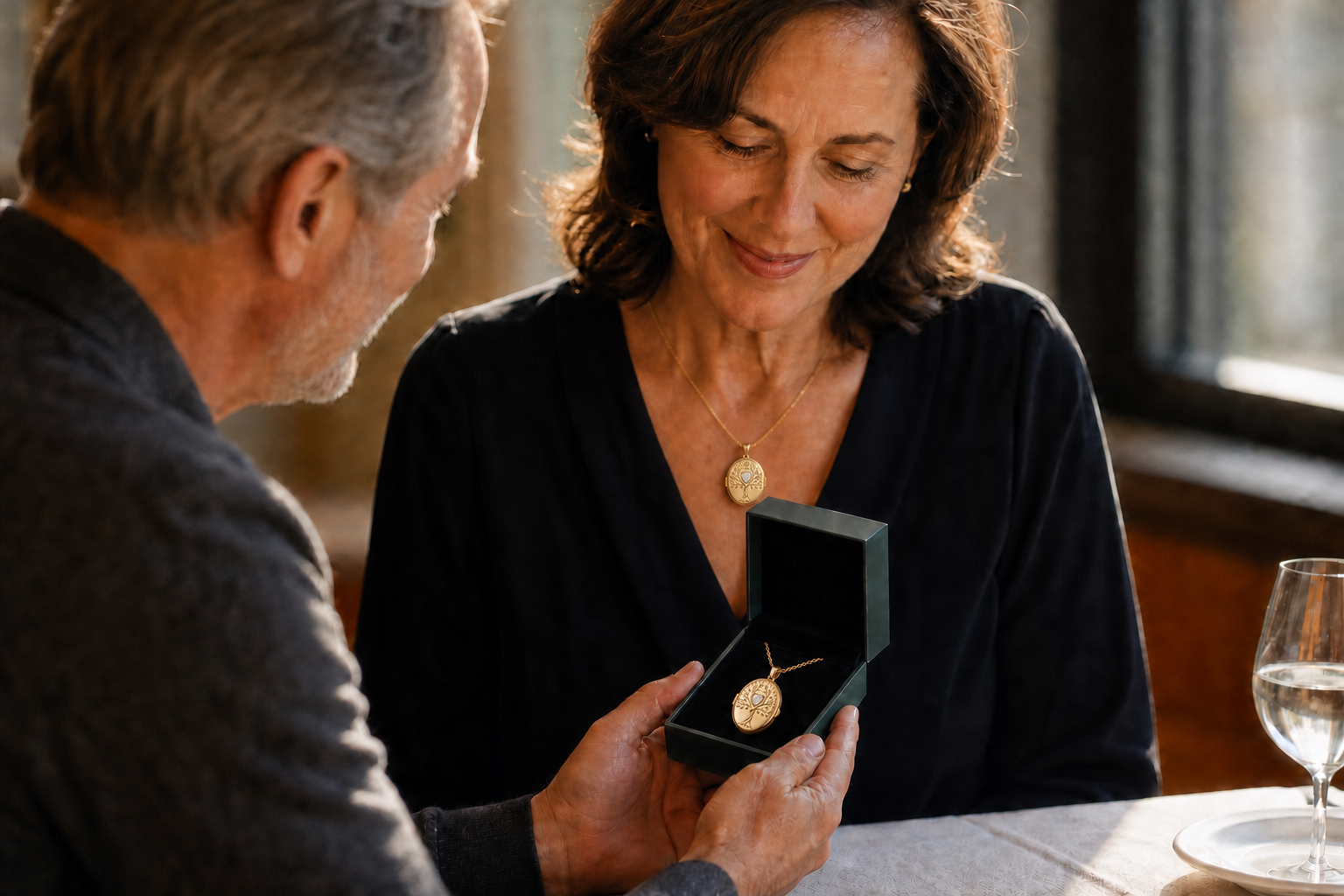 A man gives a TOTWOO Smart Locket as a gift to a woman wearing the gold Tree of Life necklace.