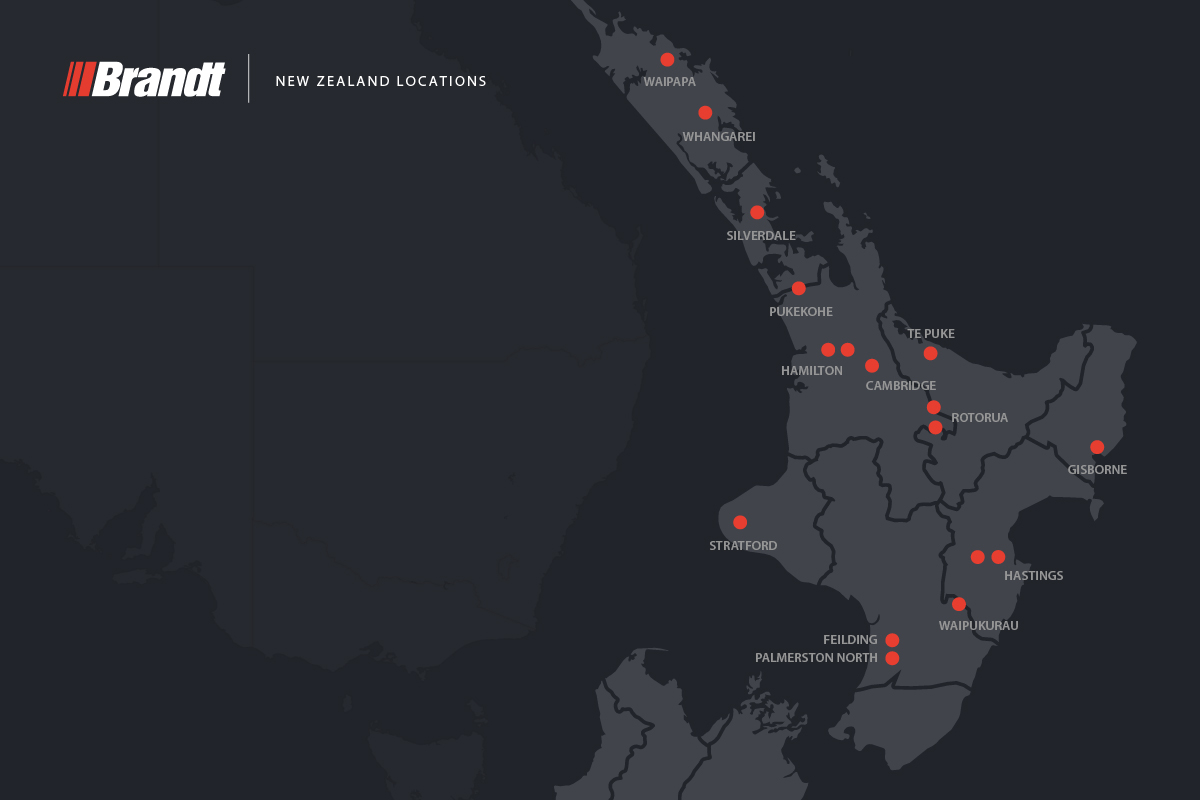 A map of the north island of New Zealand showing all Brandt Group of Companies locations.