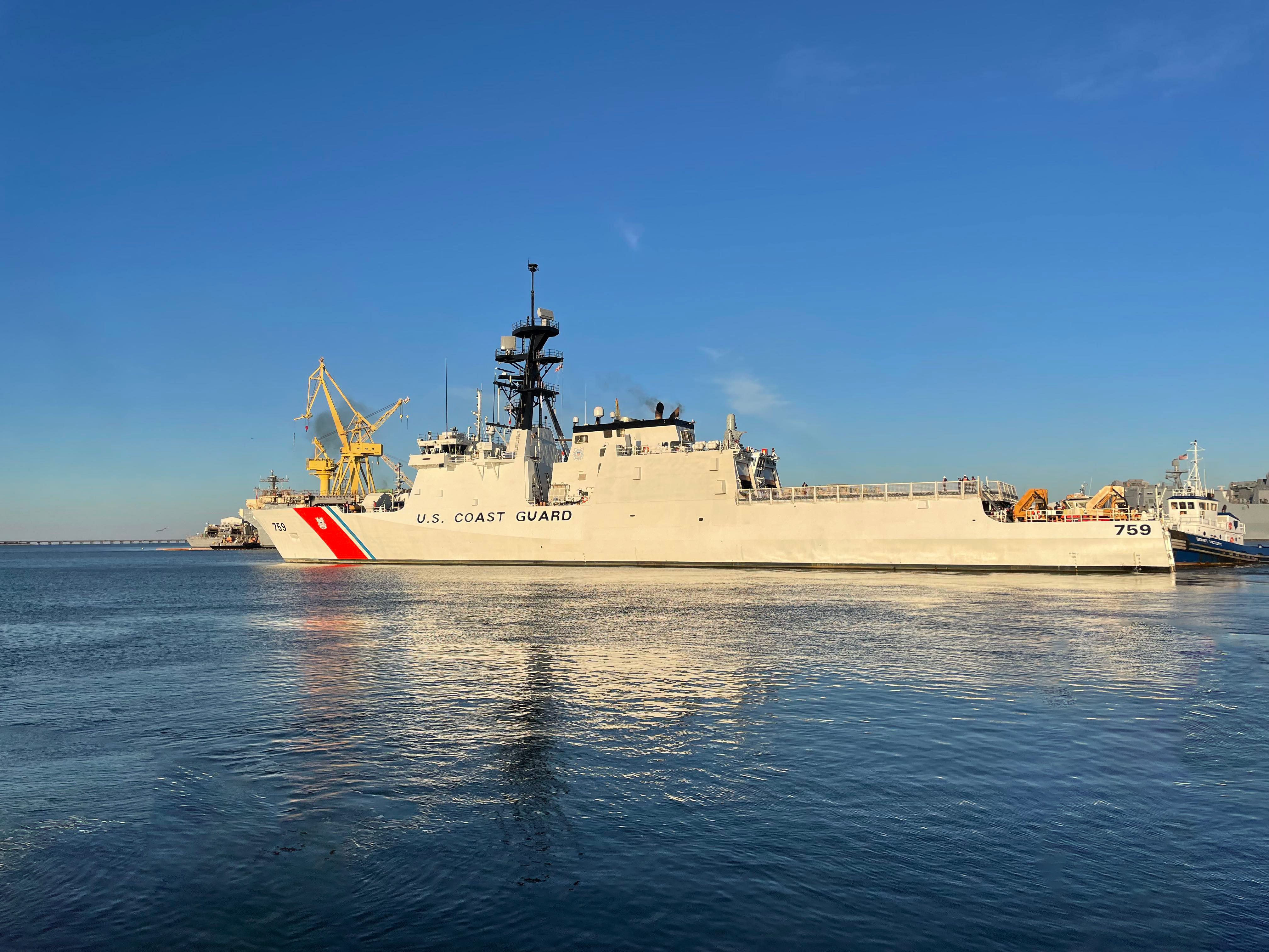 The U.S. Coast Guard’s newest Legend-class national security cutter, Calhoun (WMSL 759), departs from HII’s Ingalls Shipbuilding division. Photo by HII