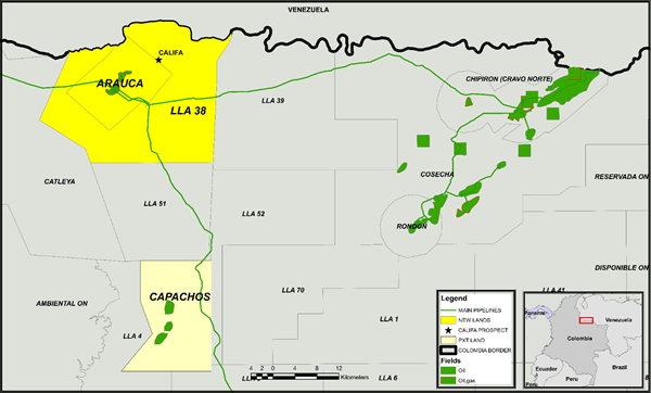 Figure 1: Location of Parex existing block (Capachos) and newly acquired farm-in Blocks (Arauca & LLA-38) in the Northern Llanos Basin.