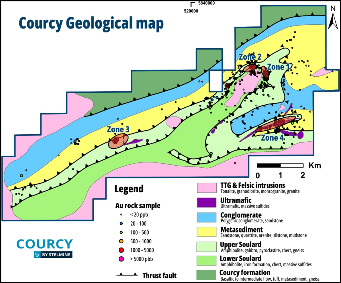 Géologie générale de la propriété Courcy illustrant les cibles d’exploration définies par les résultats antérieurs des analyses géochimiques de roche.