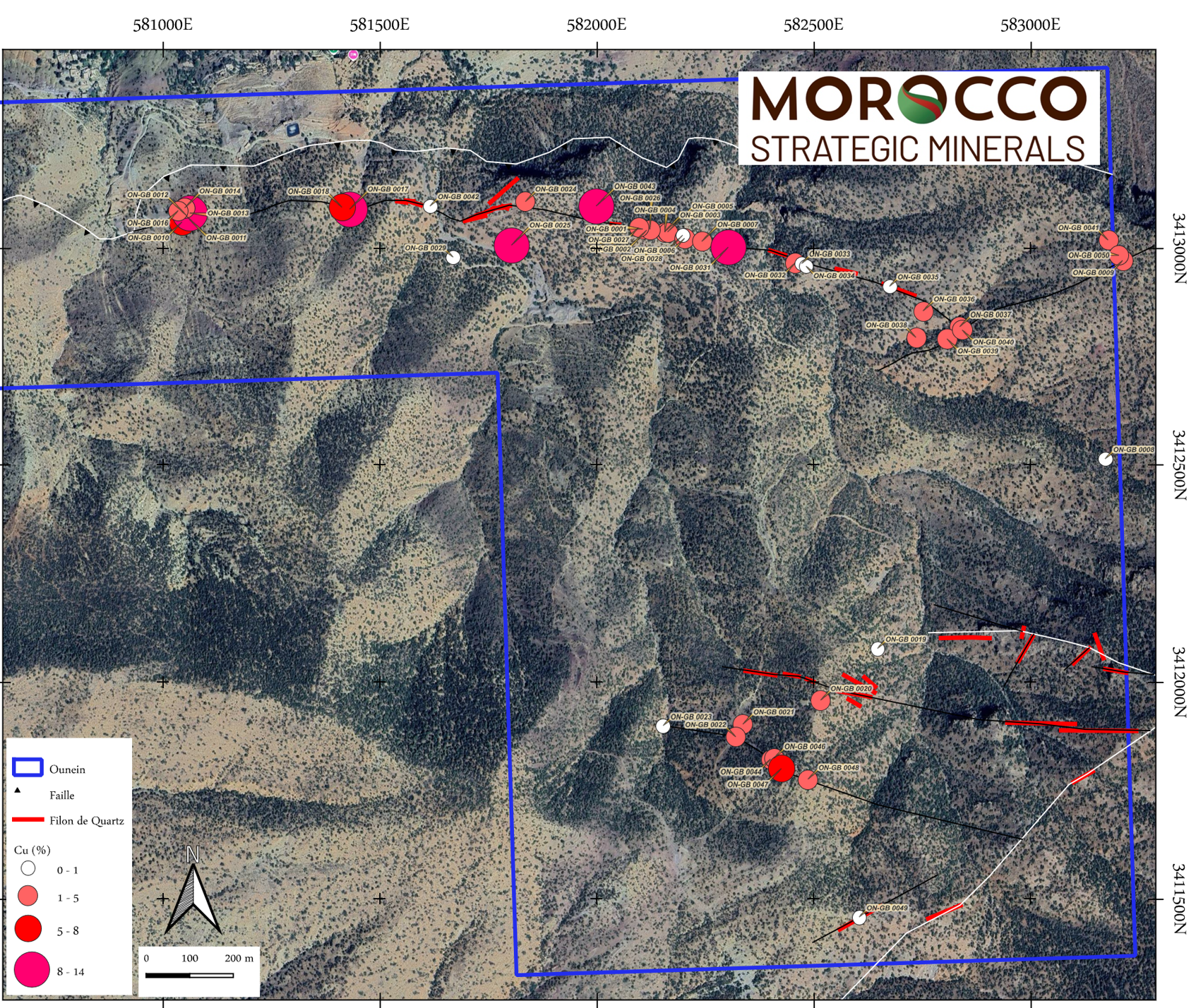 Figure 1: Copper (Cu) assay results from surface grab sampling at the Ouneine Property. 