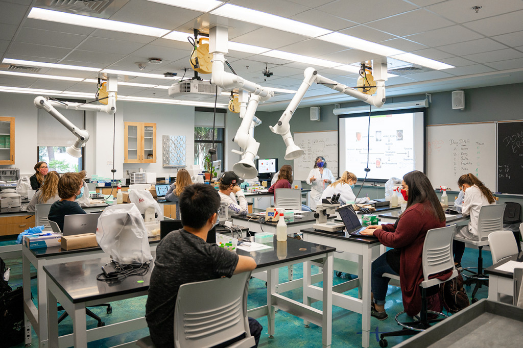 Students attend a hybrid genetics lab during the fall 2020 semester, taught both online and in person by biology Professor Agnes Ayme-Southgate. (Photo by Mike Ledford)

