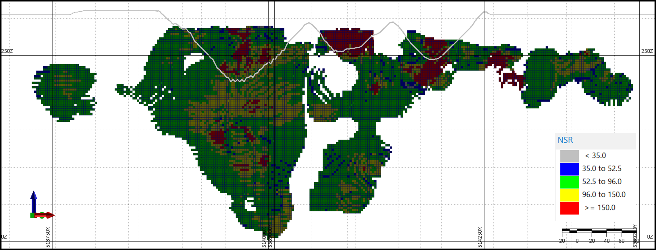 Cross-sectional view (looking northwest) through the Alexo South Deposit showing the C$/t NSR value distribution in each block and the trace of the op