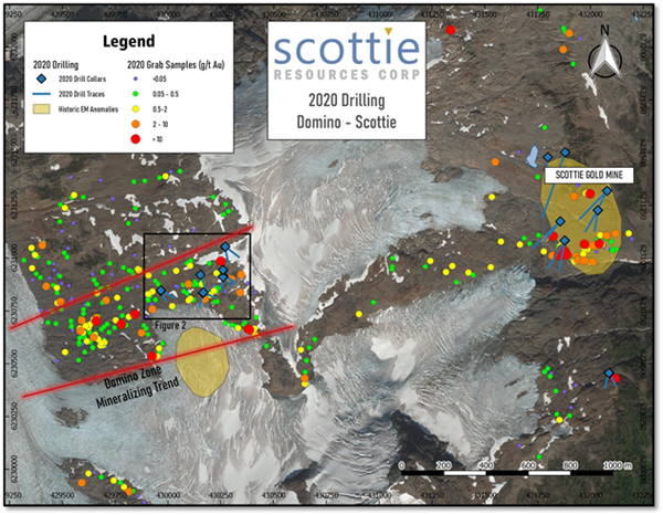 Figure 1: Plan view map of the Domino-Scottie Mineralizing corridor.