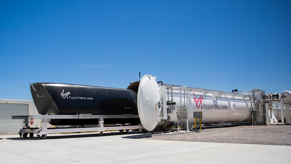 Virgin Hyperloop One’s vehicle, XP-1, being loaded in for testing at DevLoop, the world’s only full-scale hyperloop test track.

