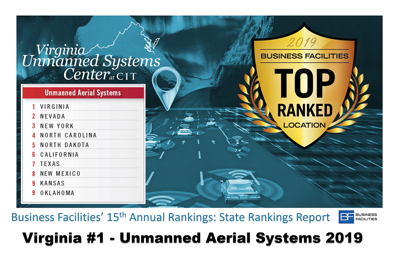 Business Facilities Magazine’s 15th Annual Rankings Report
determined that Virginia’s initiatives in unmanned aerial systems business deserved the top spot
in the nation for its UAS innovation and expansion.